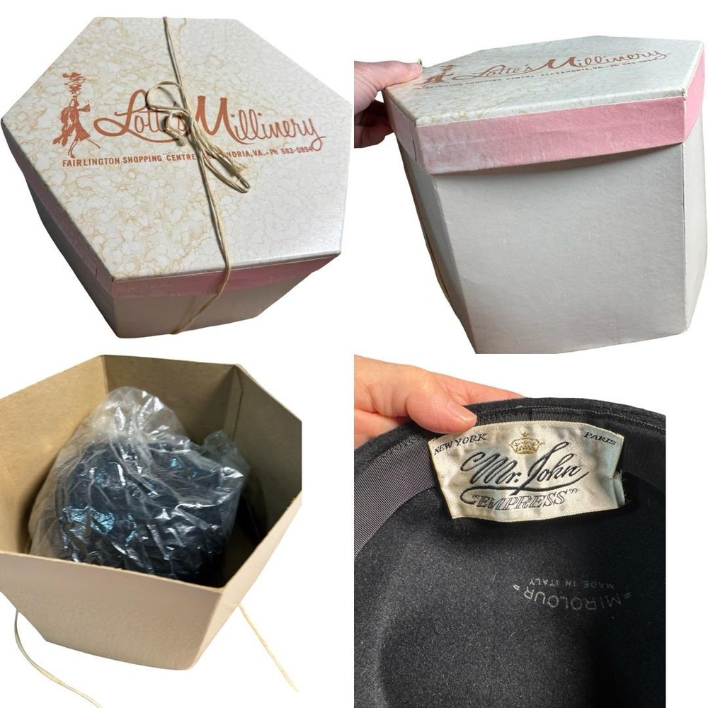 Mr. John Empress Pillbox Hat Womens OS Black Vintage Felt Mirolour Italy Box